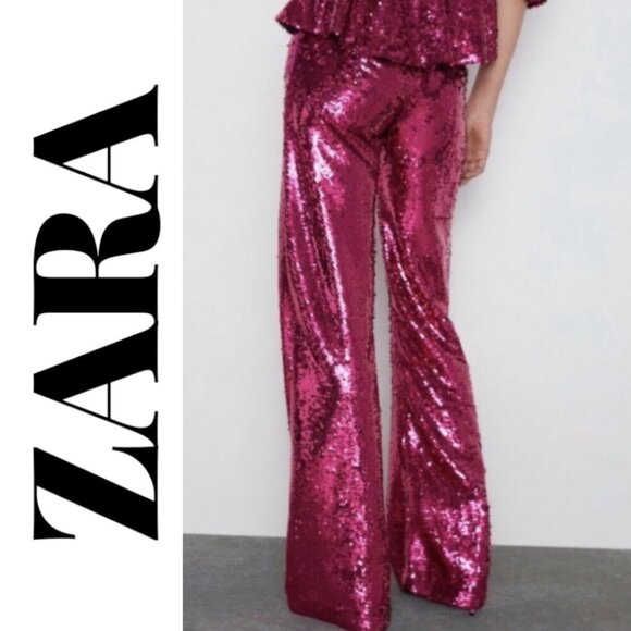 NWT ZARA LIMITED EDITION RED SEQUIN WIDE LEG PANTS, SIZE MEDIUM - Picture 6 of 13